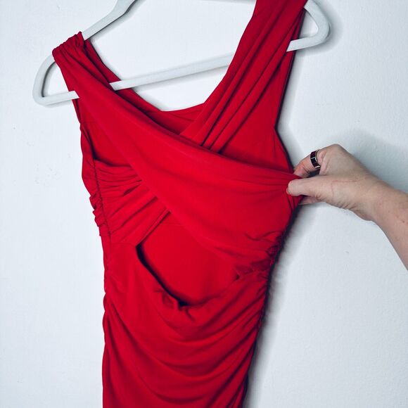 Guess Sexy Deep Red Ruched Draped Off-Shoulder Cross Back Bodycon Mini Dress S - Picture 8 of 14